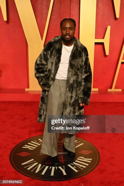 Shameik Moore attends the 2024 Vanity Fair Oscar Party Hosted By Radhika Jones at Wallis Annenberg Center for the Performing Arts on March 10, 2024...