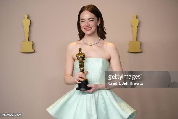 Emma Stone, winner of the Best Actress in a Leading Role award for “Poor Things”, onstage in the press room at the 96th Annual Academy Awards at...