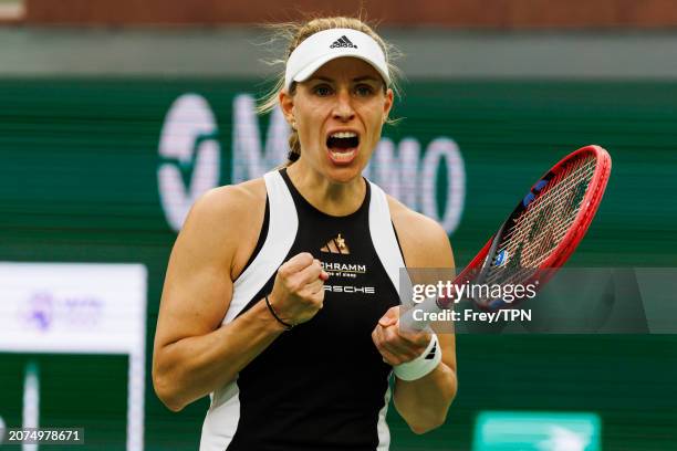 Angelique Kerber of Germany celebrates her victory over Veronika Kudermetova of Russia in the third round of the BNP Paribas Masters at Indian Wells...