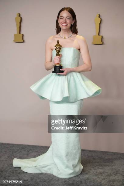 Emma Stone, winner of the Best Actress in a Leading Role award for “Poor Things”, onstage in the press room at the 96th Annual Academy Awards at...