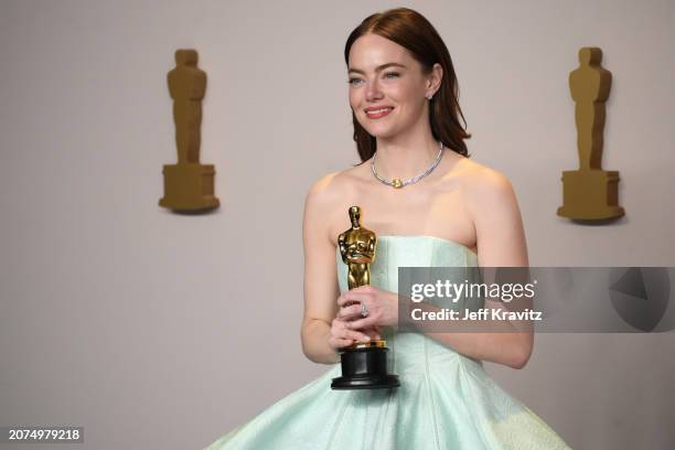 Emma Stone, winner of the Best Actress in a Leading Role award for “Poor Things”, onstage in the press room at the 96th Annual Academy Awards at...