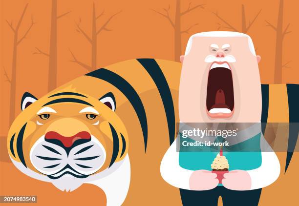 lonely senior man holding cupcake and screaming beside tiger - man ready to eat stock illustrations