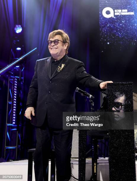 Elton John preforms onstage during the Elton John AIDS Foundation's 32nd Annual Academy Awards Viewing Party on March 10, 2024 in West Hollywood,...
