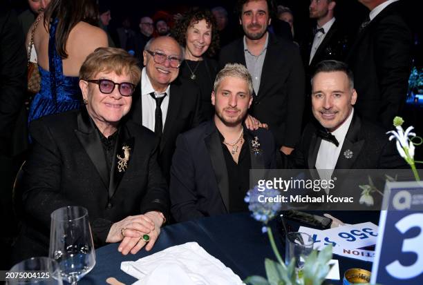 Elton John, Danny DeVito, Rhea Perlman, Andrew Watt, Jake DeVito and David Furnish attend the Elton John AIDS Foundation's 32nd Annual Academy Awards...