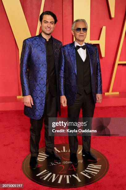 Matteo Bocelli and Andrea Bocelli attend the 2024 Vanity Fair Oscar Party Hosted By Radhika Jones at Wallis Annenberg Center for the Performing Arts...
