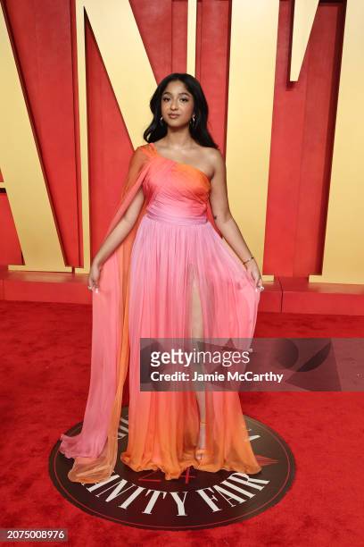 Maitreyi Ramakrishnan attends the 2024 Vanity Fair Oscar Party Hosted By Radhika Jones at Wallis Annenberg Center for the Performing Arts on March...