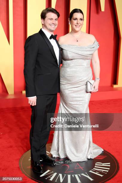 Jason Ritter and Melanie Lynskey attend the 2024 Vanity Fair Oscar Party Hosted By Radhika Jones at Wallis Annenberg Center for the Performing Arts...