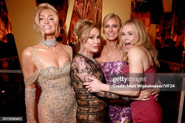 Paris Hilton, Kathy Hilton, Nicky Hilton Rothschild and Chelsea Handler attend the 2024 Vanity Fair Oscar Party Hosted By Radhika Jones at Wallis...