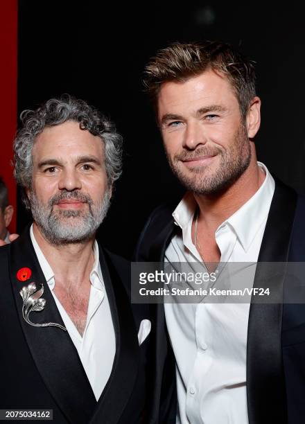 Mark Ruffalo and Chris Hemsworth attend the 2024 Vanity Fair Oscar Party Hosted By Radhika Jones at Wallis Annenberg Center for the Performing Arts...