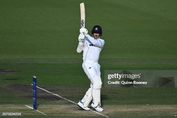 Nic Maddinson of Victoria bats during the Sheffield Shield match between Victoria and Western Australia at CitiPower Centre, on March 11 in...