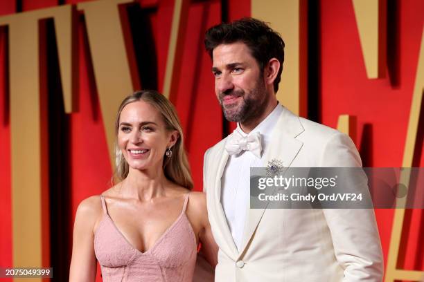 Emily Blunt and John Krasinski attend the 2024 Vanity Fair Oscar Party Hosted By Radhika Jones at Wallis Annenberg Center for the Performing Arts on...