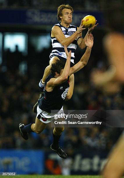 Darren Milburn of the Cats and Ryan Houlihan of the Blues in action during the round 11 AFL match between the Geelong Cats and the Carlton Blues at...