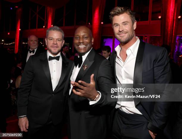 Matt Damon, Tyrese Gibson and Chris Hemsworth attends the 2024 Vanity Fair Oscar Party Hosted By Radhika Jones at Wallis Annenberg Center for the...