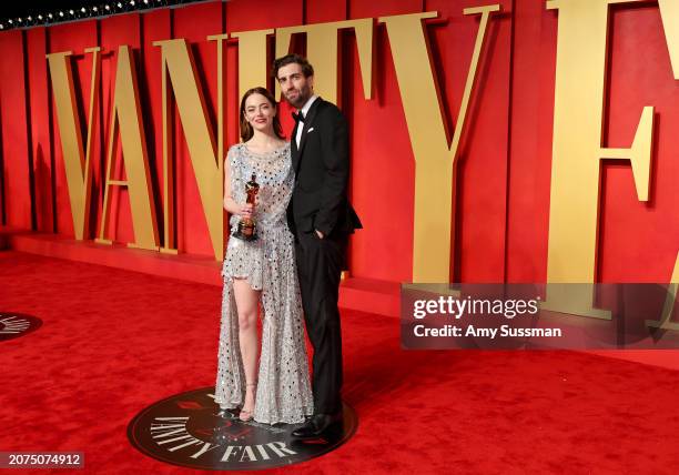 Emma Stone and Dave McCary attend the 2024 Vanity Fair Oscar Party Hosted By Radhika Jones at Wallis Annenberg Center for the Performing Arts on...