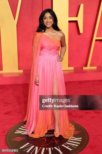 Maitreyi Ramakrishnan attends the 2024 Vanity Fair Oscar Party Hosted By Radhika Jones at Wallis Annenberg Center for the Performing Arts on March...