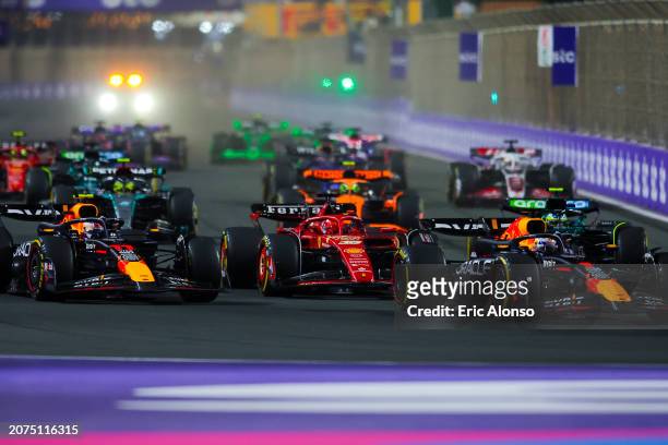 Max Verstappen of the Netherlands driving the Oracle Red Bull Racing RB20 leads the field at the start during the F1 Grand Prix of Saudi Arabia at...