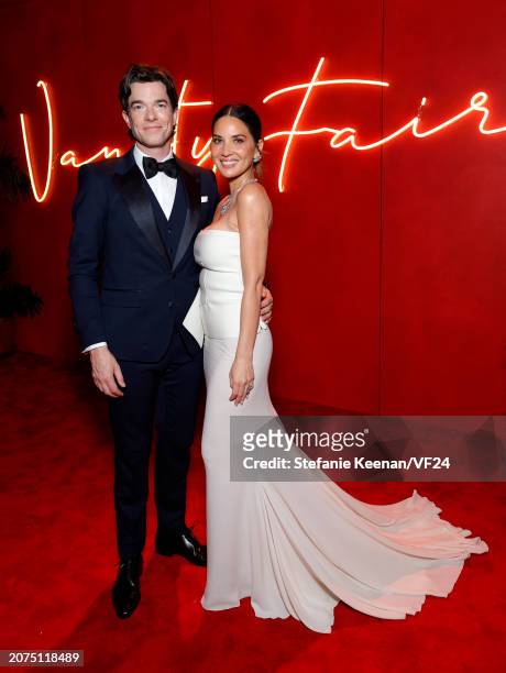 John Mulaney and Olivia Munn attend the 2024 Vanity Fair Oscar Party Hosted By Radhika Jones at Wallis Annenberg Center for the Performing Arts on...