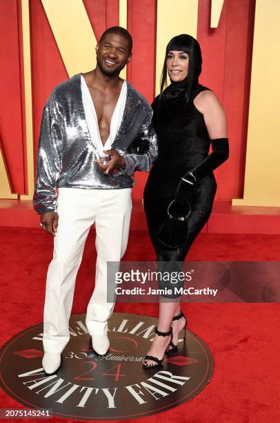 Usher and Jennifer Goicoechea attend the 2024 Vanity Fair Oscar Party Hosted By Radhika Jones at Wallis Annenberg Center for the Performing Arts on...