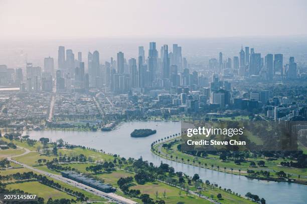 aerial view of albert park from melbourne cbd - team sport australia stock pictures, royalty-free photos & images