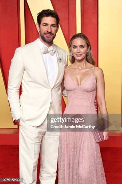 John Krasinski and Emily Blunt attend the 2024 Vanity Fair Oscar Party Hosted By Radhika Jones at Wallis Annenberg Center for the Performing Arts on...