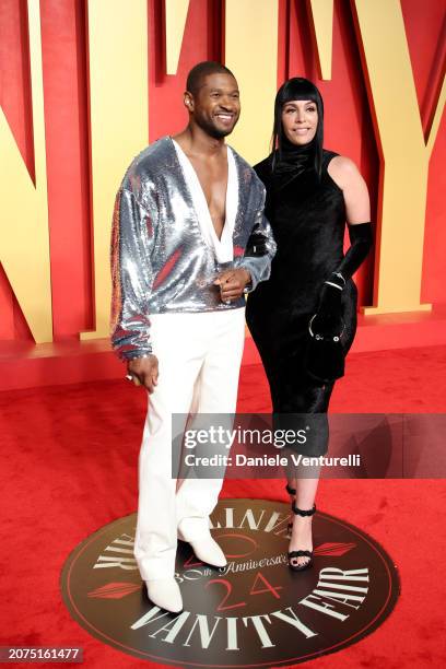 Usher and Jennifer Goicoechea attend the 2024 Vanity Fair Oscar Party Hosted By Radhika Jones at Wallis Annenberg Center for the Performing Arts on...