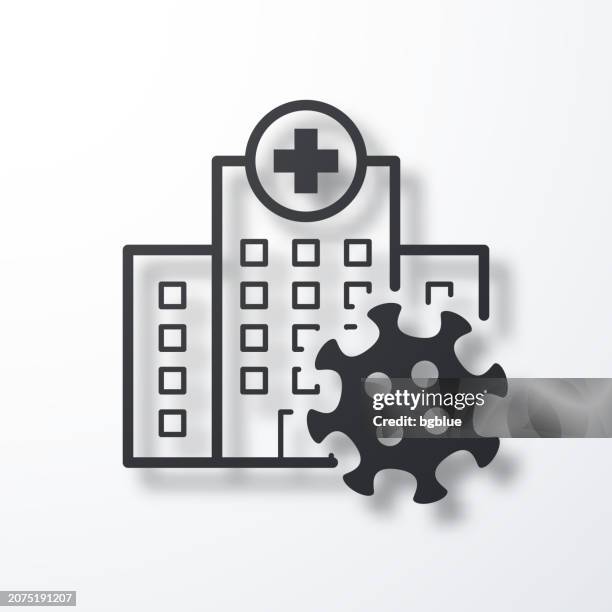 ilustraciones, imágenes clip art, dibujos animados e iconos de stock de hospital con célula coronavirus. icono con sombra sobre fondo blanco - urgencias-hospital