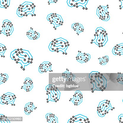 Artificial intelligence brain with circuit board. Seamless pattern. Line icons on white background Artificial intelligence brain with circuit board. Seamless pattern. Line icons on white background