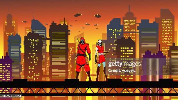 vector cyberpunk ninja couple in a futuristic city area stock illustration - samurai stock illustrations