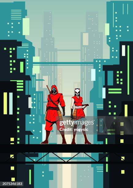 vector cyberpunk ninja couple in a futuristic city area stock illustration - cityscape stock illustrations点のイラスト素材／クリップアート素材／マンガ素材／アイコン素材