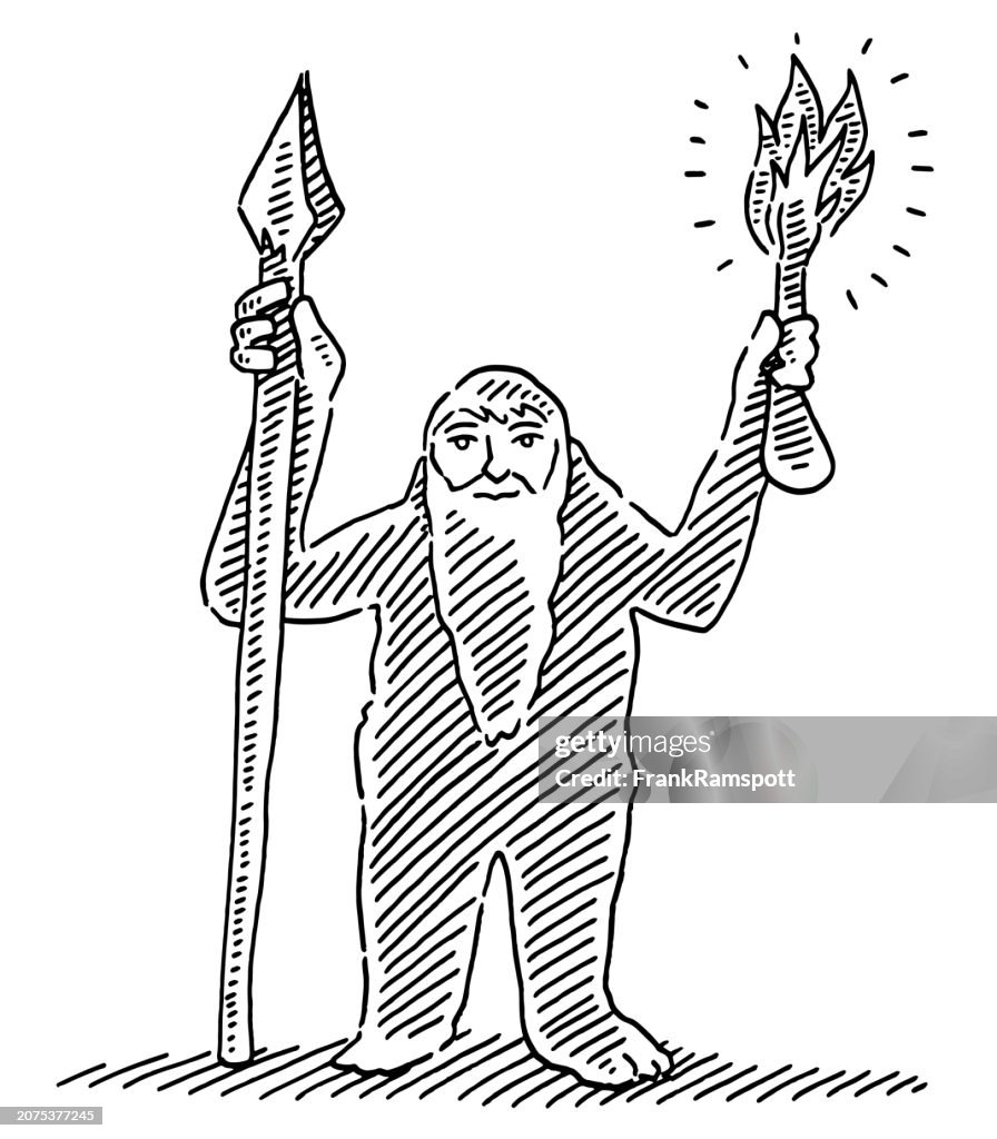 Bearded Man Character Holding Torch And Spear Drawing