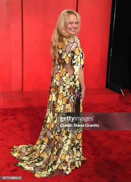 Pamela Anderson arrives at the 2024 Vanity Fair Oscar Party Hosted By Radhika Jones at Wallis Annenberg Center for the Performing Arts on March 10,...