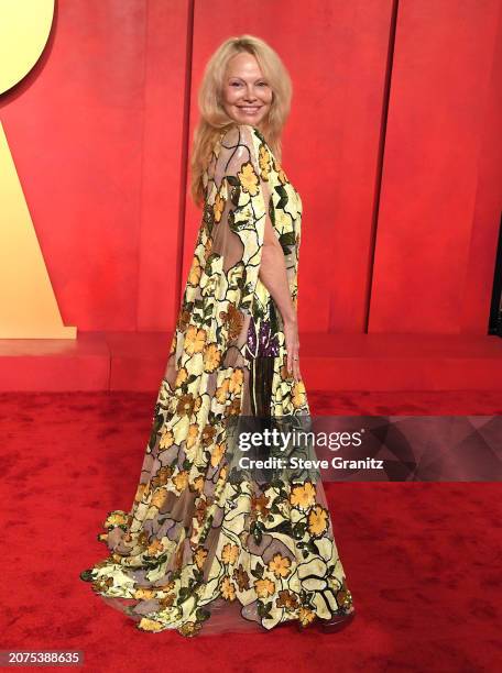 Pamela Anderson arrives at the 2024 Vanity Fair Oscar Party Hosted By Radhika Jones at Wallis Annenberg Center for the Performing Arts on March 10,...