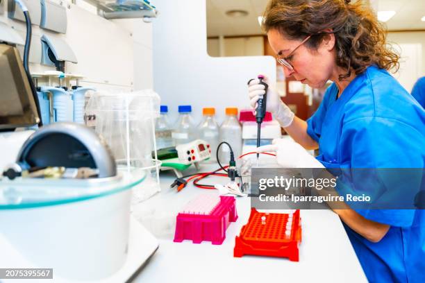 laboratory scientist working using pipette and samples - arzneimittelherstellung stock-fotos und bilder
