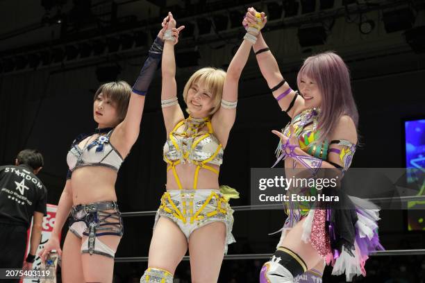 Saori Anou, Natsupoi and Tam Nakano celebrate the victory during the Women's Pro-Wrestling "Stardom" at Korakuen Hall on March 10, 2024 in Tokyo,...