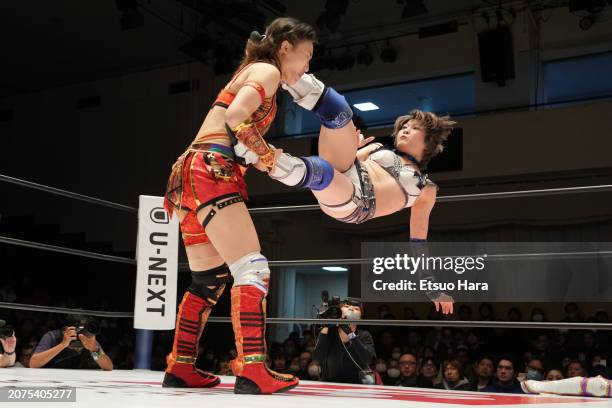 Saori Anou takes on Shuri during the Women's Pro-Wrestling "Stardom" at Korakuen Hall on March 10, 2024 in Tokyo, Japan.