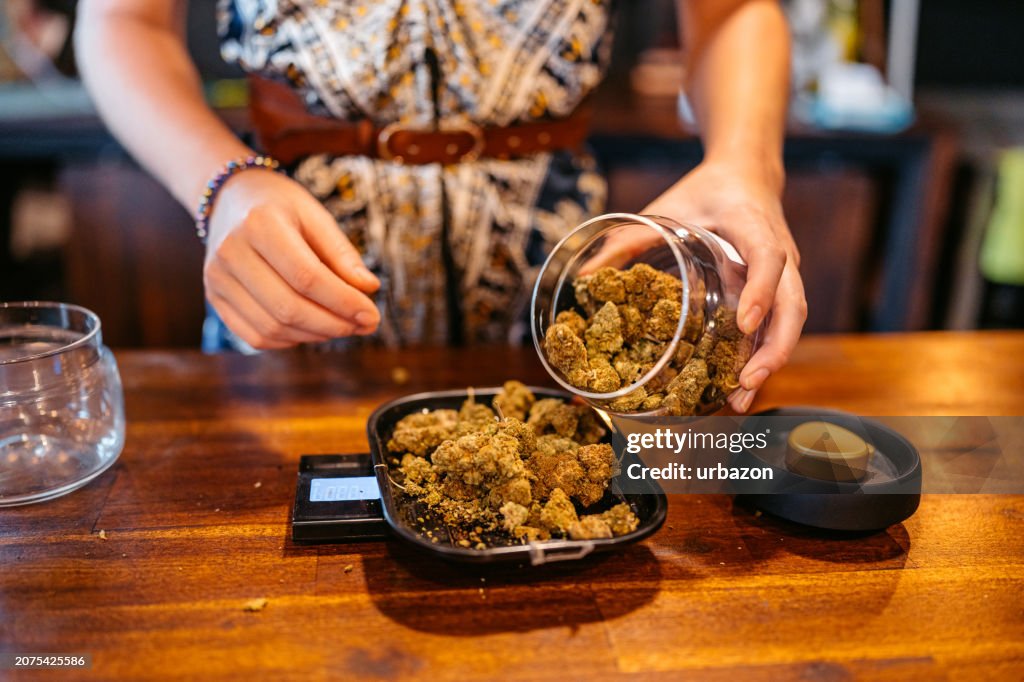 Young Woman Weighing Herbal Cannabis On A Scale In A Cannabis Shop In Thailand