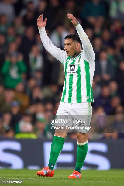 Ezequiel Avila of Real Betis reacts during the LaLiga EA Sports match between Real Betis and Villarreal CF at Estadio Benito Villamarin on March 10,...