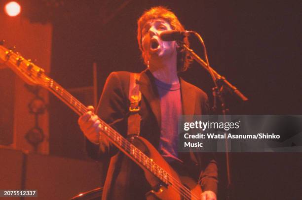 Paul McCartney with his band Wings performing at the Royal Court Theatre, Liverpool, as part of their tour of the UK to promote their newest album...