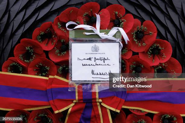 Wreath on behalf of King Charles II during a Commonwealth Day Ceremony at Memorial Gate on March 11, 2024 in London, England. Government...