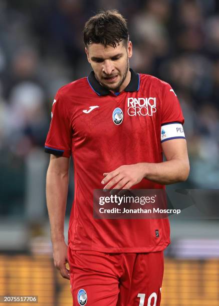 Berat Djimsiti of Atalanta reacts during the Serie A TIM match between Juventus and Atalanta BC - Serie A TIM at Allianz Stadium on March 10, 2024 in...