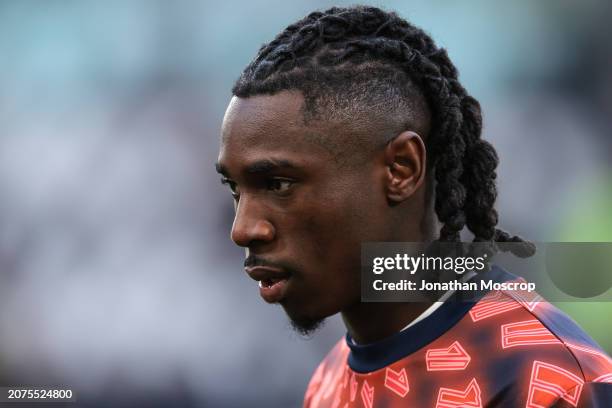 Moise Kean of Juventus looks on during the warm up prior to the Serie A TIM match between Juventus and Atalanta BC - Serie A TIM at Allianz Stadium...
