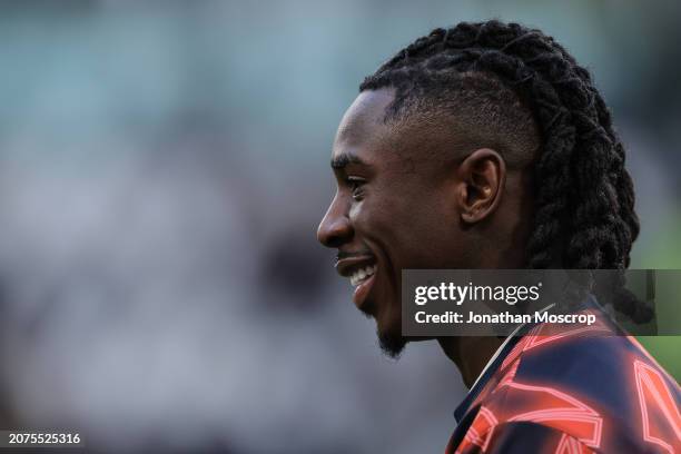 Moise Kean of Juventus reacts as he looks on during the warm up prior to the Serie A TIM match between Juventus and Atalanta BC - Serie A TIM at...