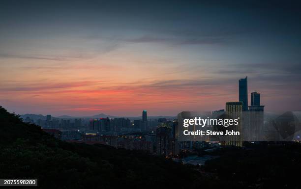 view of buildings against cloudy sky during sunset - city landscape buildings dusk stock pictures, royalty-free photos & images