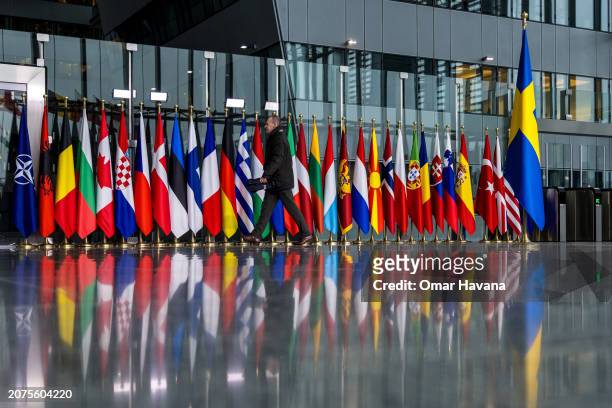 Swedish flag can be seen in front of the flags of NATO member states before the start of a press conference ahead of the flag-raising ceremony to...