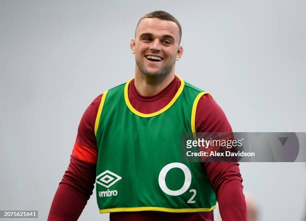 Ben Earl of England reacts during the England Training Session at Pennyhill Park on March 11, 2024 in Bagshot, England.
