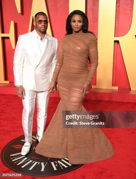 Russell Wilson, Ciara arrives at the 2024 Vanity Fair Oscar Party Hosted By Radhika Jones at Wallis Annenberg Center for the Performing Arts on March...