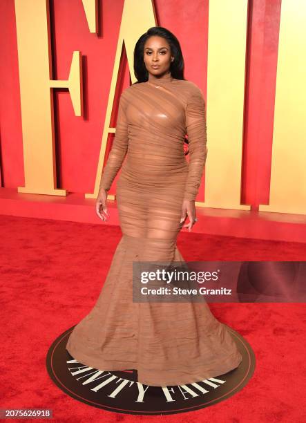 Ciara arrives at the 2024 Vanity Fair Oscar Party Hosted By Radhika Jones at Wallis Annenberg Center for the Performing Arts on March 10, 2024 in...