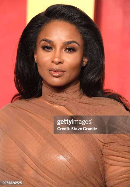 Ciara arrives at the 2024 Vanity Fair Oscar Party Hosted By Radhika Jones at Wallis Annenberg Center for the Performing Arts on March 10, 2024 in...