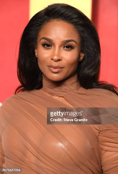 Ciara arrives at the 2024 Vanity Fair Oscar Party Hosted By Radhika Jones at Wallis Annenberg Center for the Performing Arts on March 10, 2024 in...