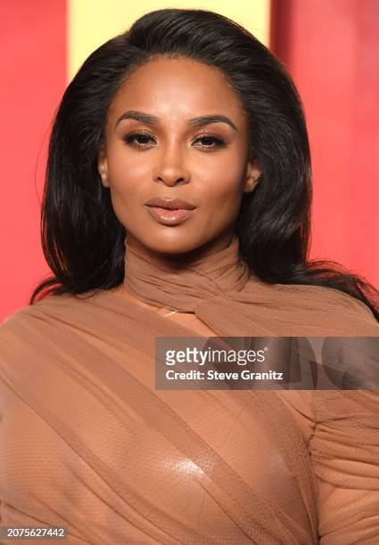 Ciara arrives at the 2024 Vanity Fair Oscar Party Hosted By Radhika Jones at Wallis Annenberg Center for the Performing Arts on March 10, 2024 in...